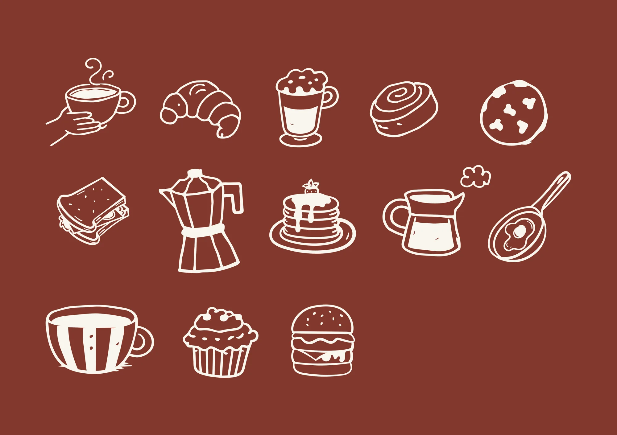 Icon library, First Pour, café & bakehouse branding by Blue Owl Design Studio, Hyderabad