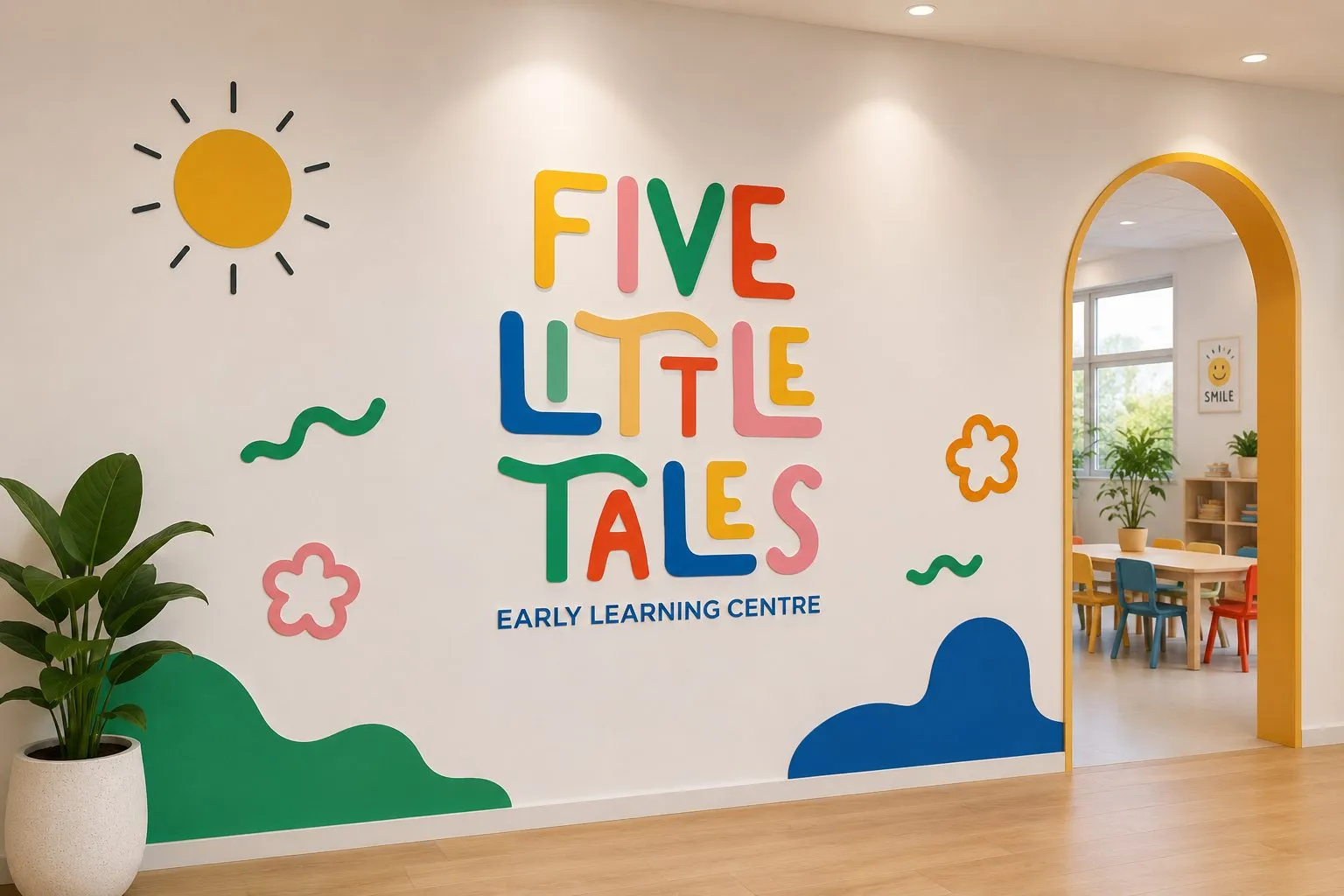 Entrance wall, Five Little Tales, early education branding by Blue Owl Design Studio, Hyderabad