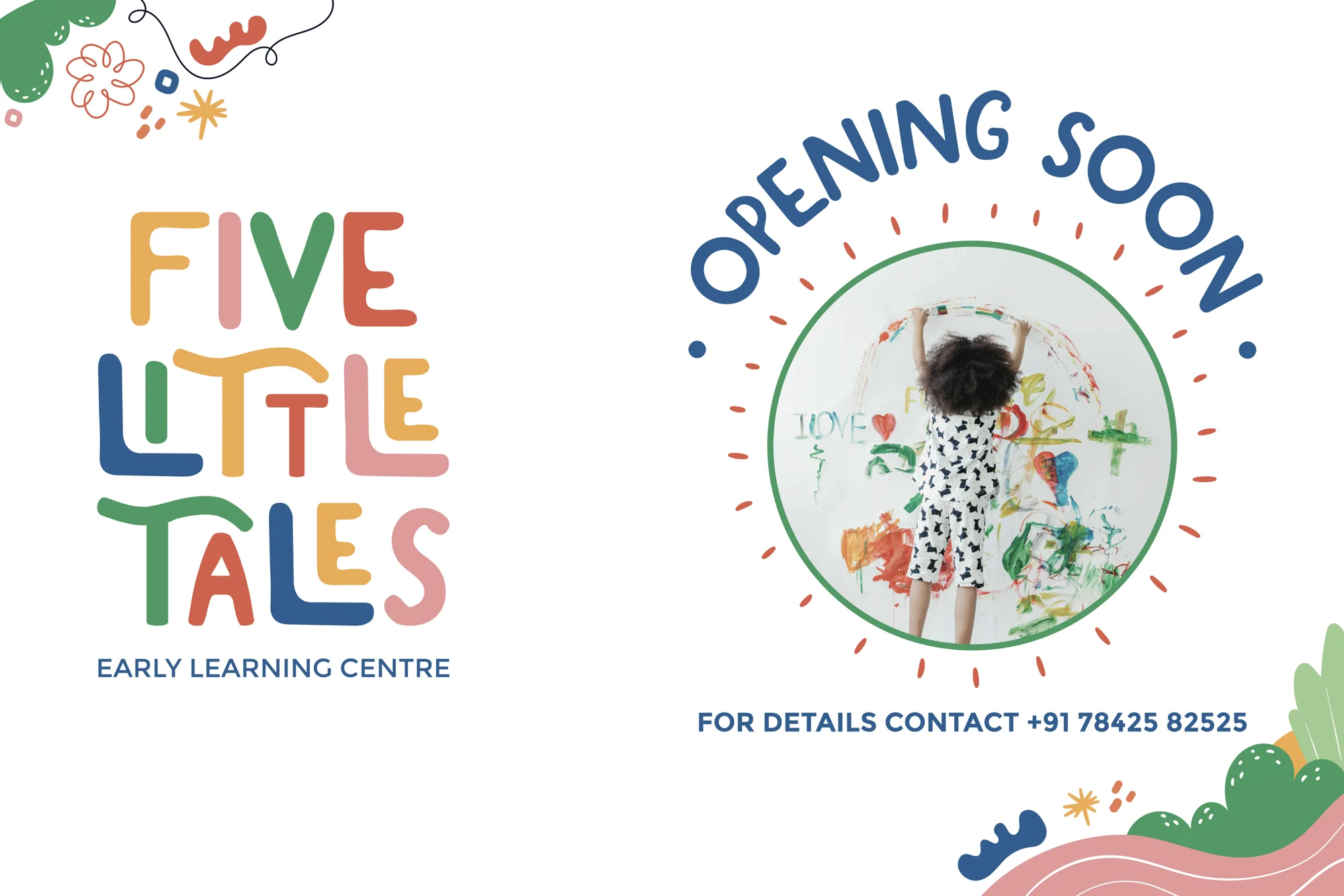 Opening soon poster, Five Little Tales, early education branding by Blue Owl Design Studio, Hyderabad