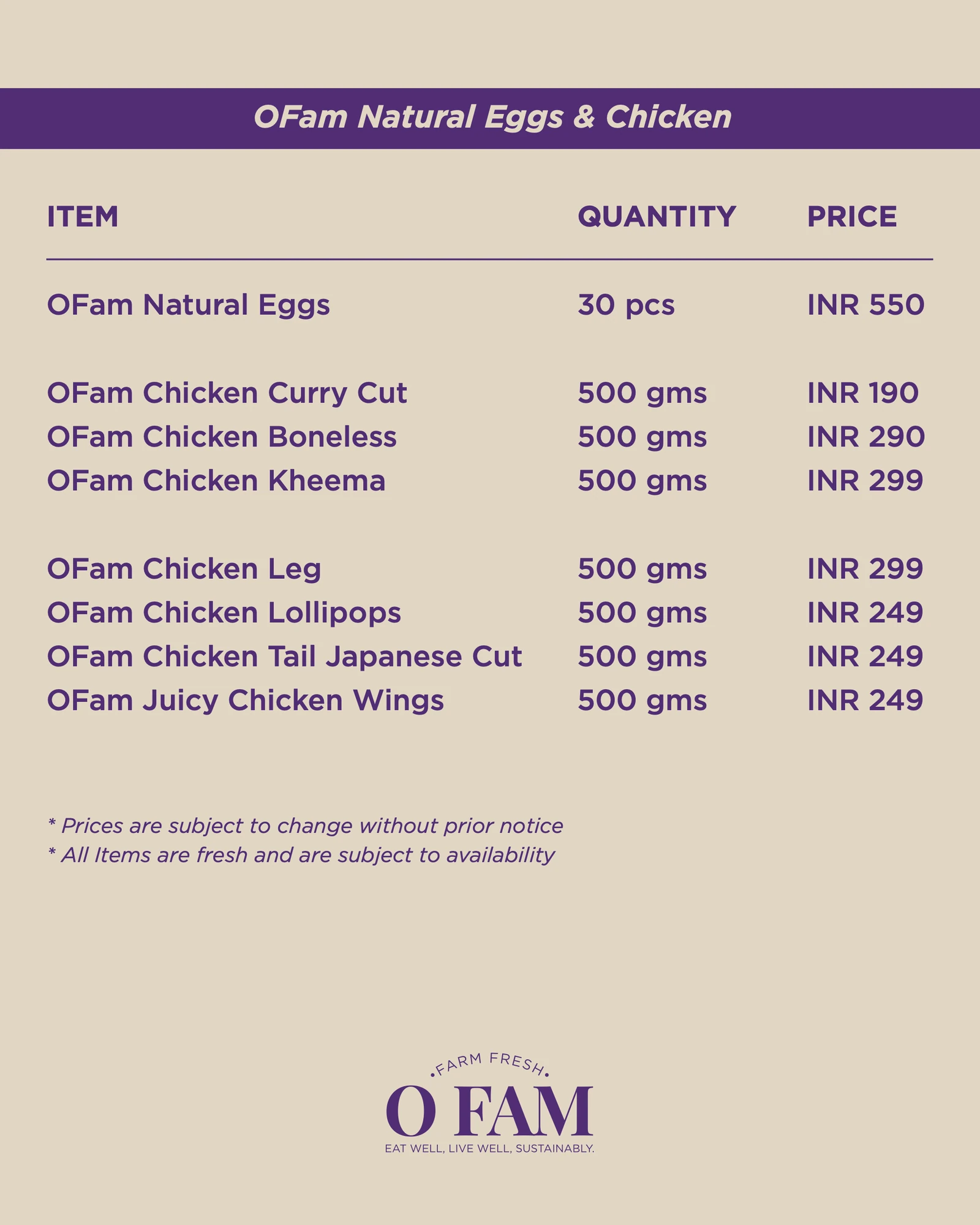Price menus, 1 of 3, O Fam, food & beverage branding by Blue Owl Design Studio, Hyderabad