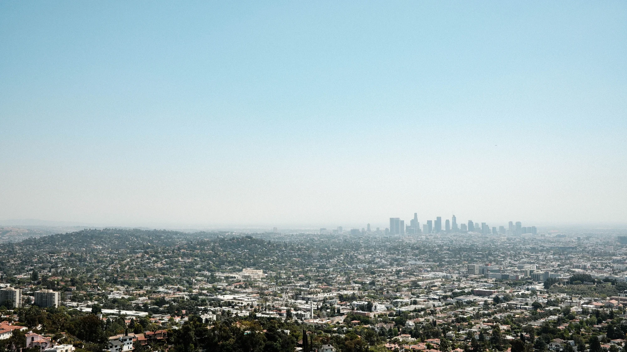 Los Angeles by day, a hazy view across the city to the downtown towers