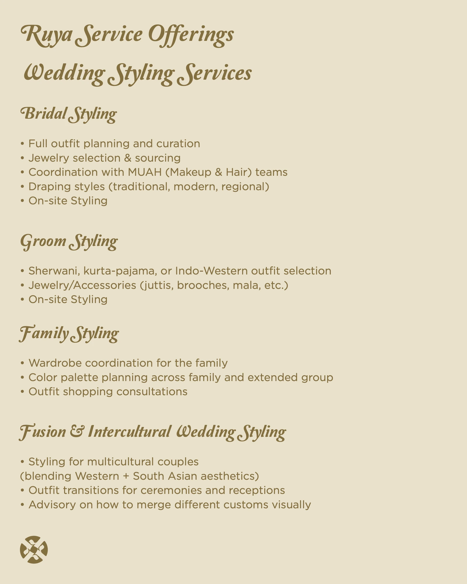 Service offerings (Lookbook), Rüya, fashion & couture styling branding by Blue Owl Design Studio, Hyderabad
