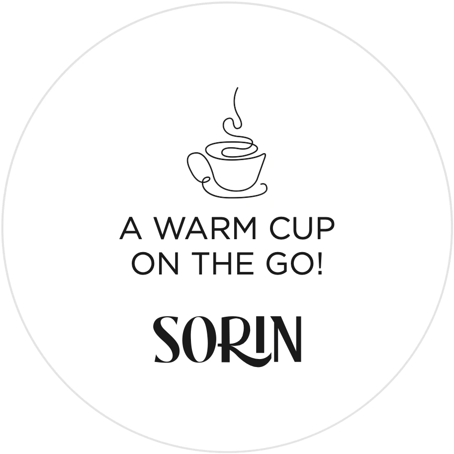 A warm cup on the go: a drawing, a line and the name.
