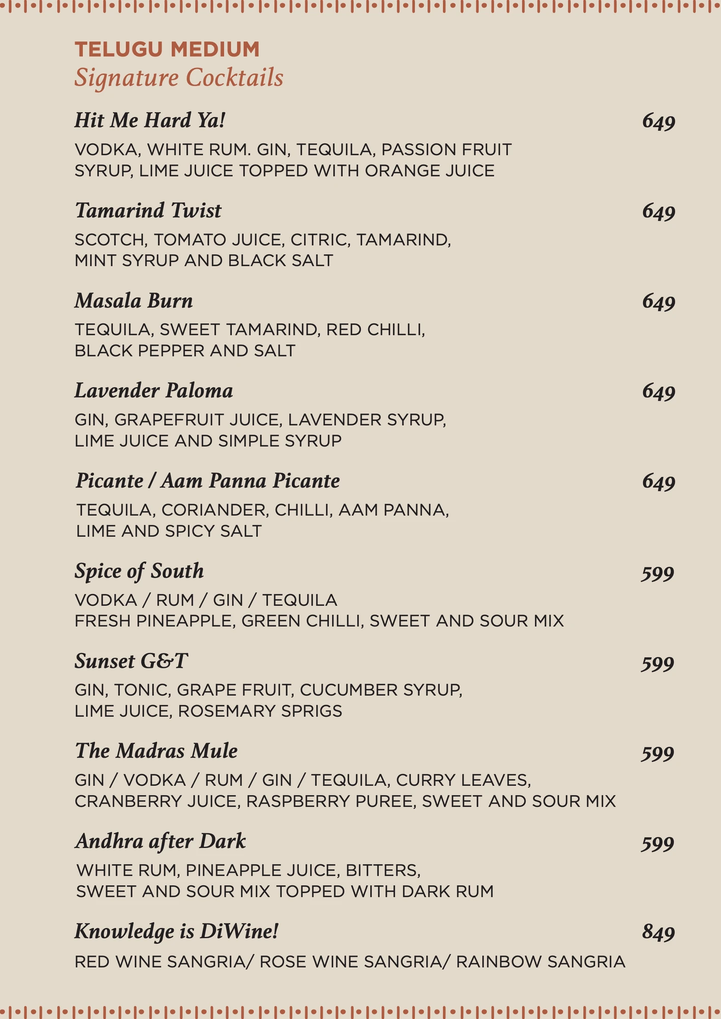 Bar menu, 2 of 2, Telugu Medium, food & beverage branding by Blue Owl Design Studio, Hyderabad
